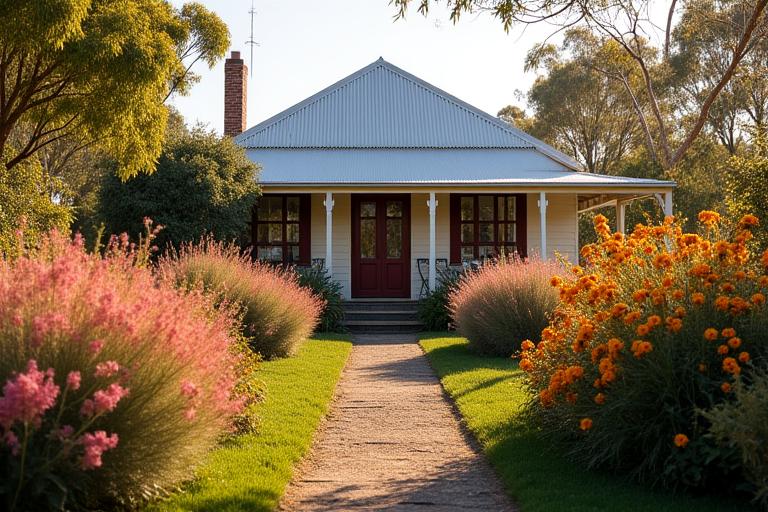 Traditional Australian farmhouse surrounded by lush native botanical gardens