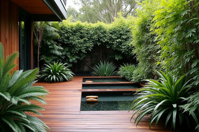 Urban courtyard with native plants, a small pond, and timber decking