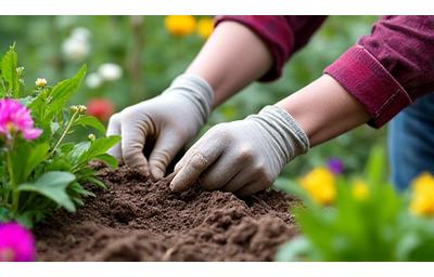 Gardener tending to a vibrant native garden bed